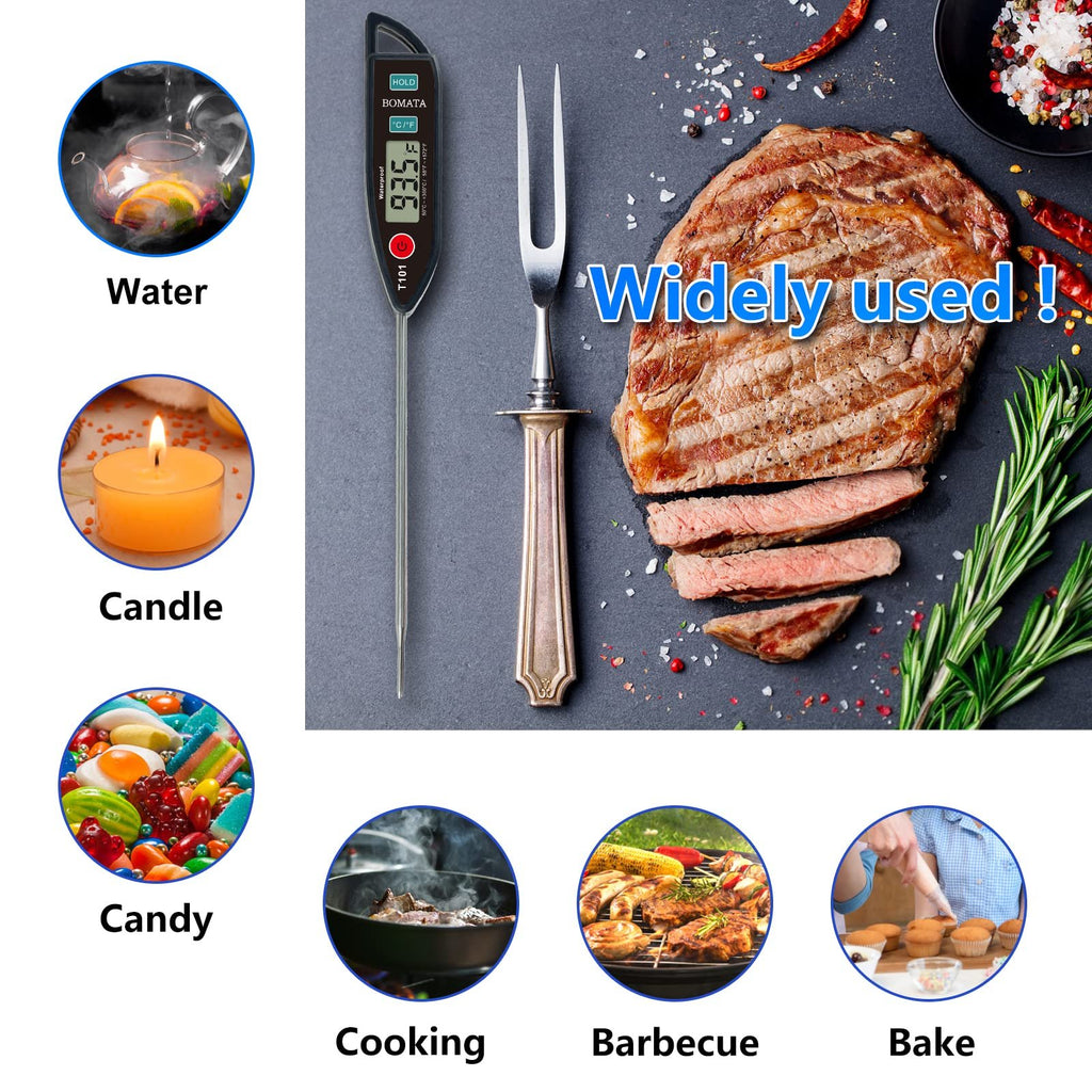 Digital instant-read thermometer with a large steak and various food preparation scenes. The thermometer shows 93.5 degrees.