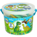 Fused bead activity bucket kit with dinosaur designs, 5000 beads, 2 pegboards, and pattern sheet.