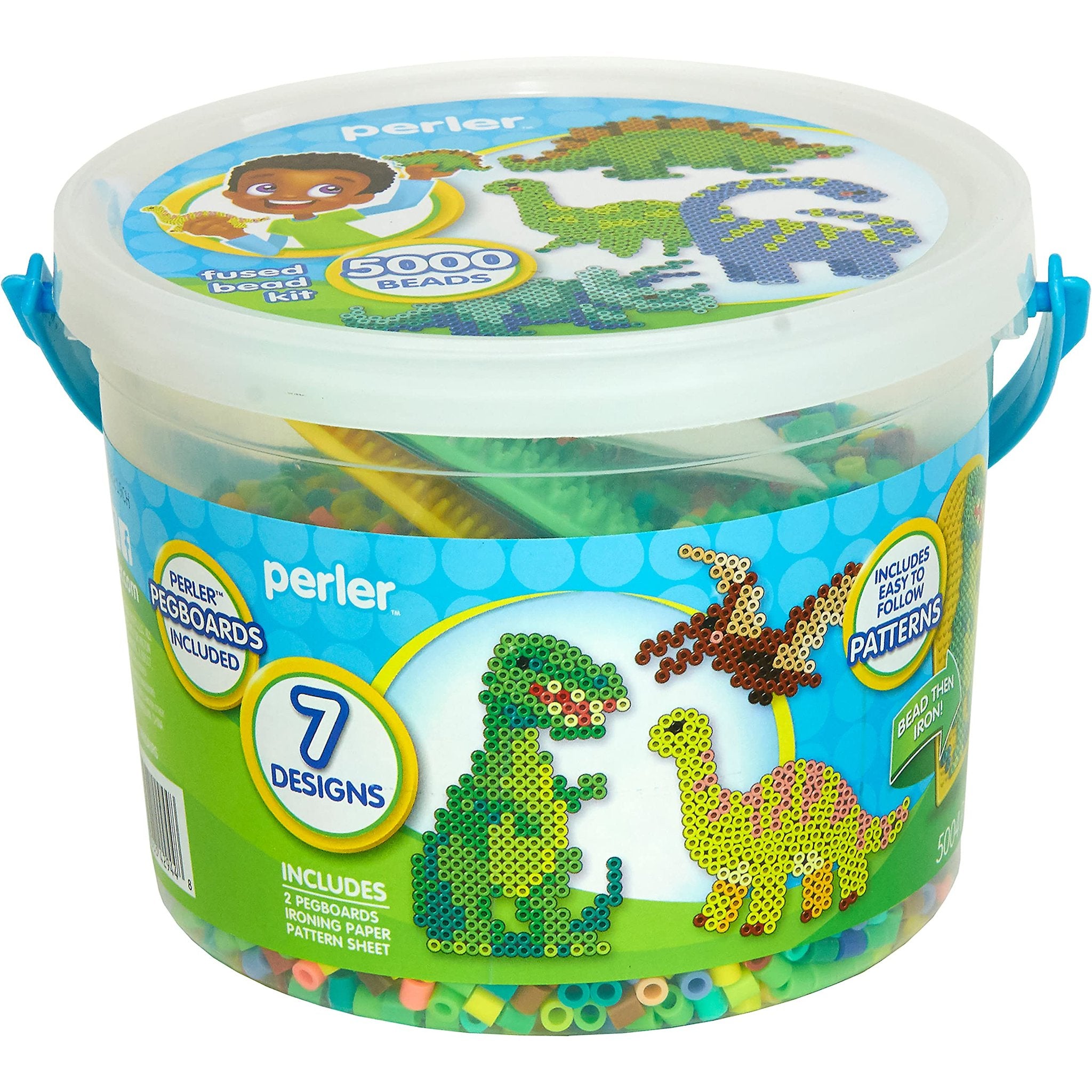 Fused bead activity bucket kit with dinosaur designs, 5000 beads, 2 pegboards, and pattern sheet.