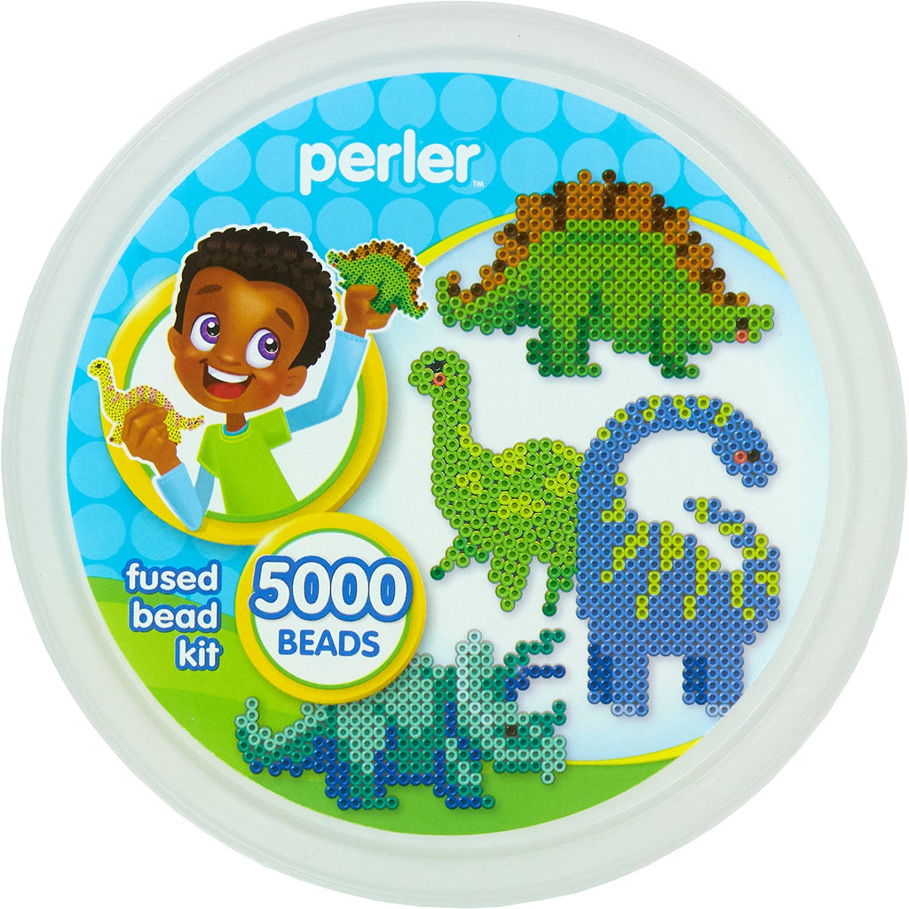 Dinosaur fuse bead activity kit bucket with a boy holding a bead dinosaur and several bead dinosaur designs