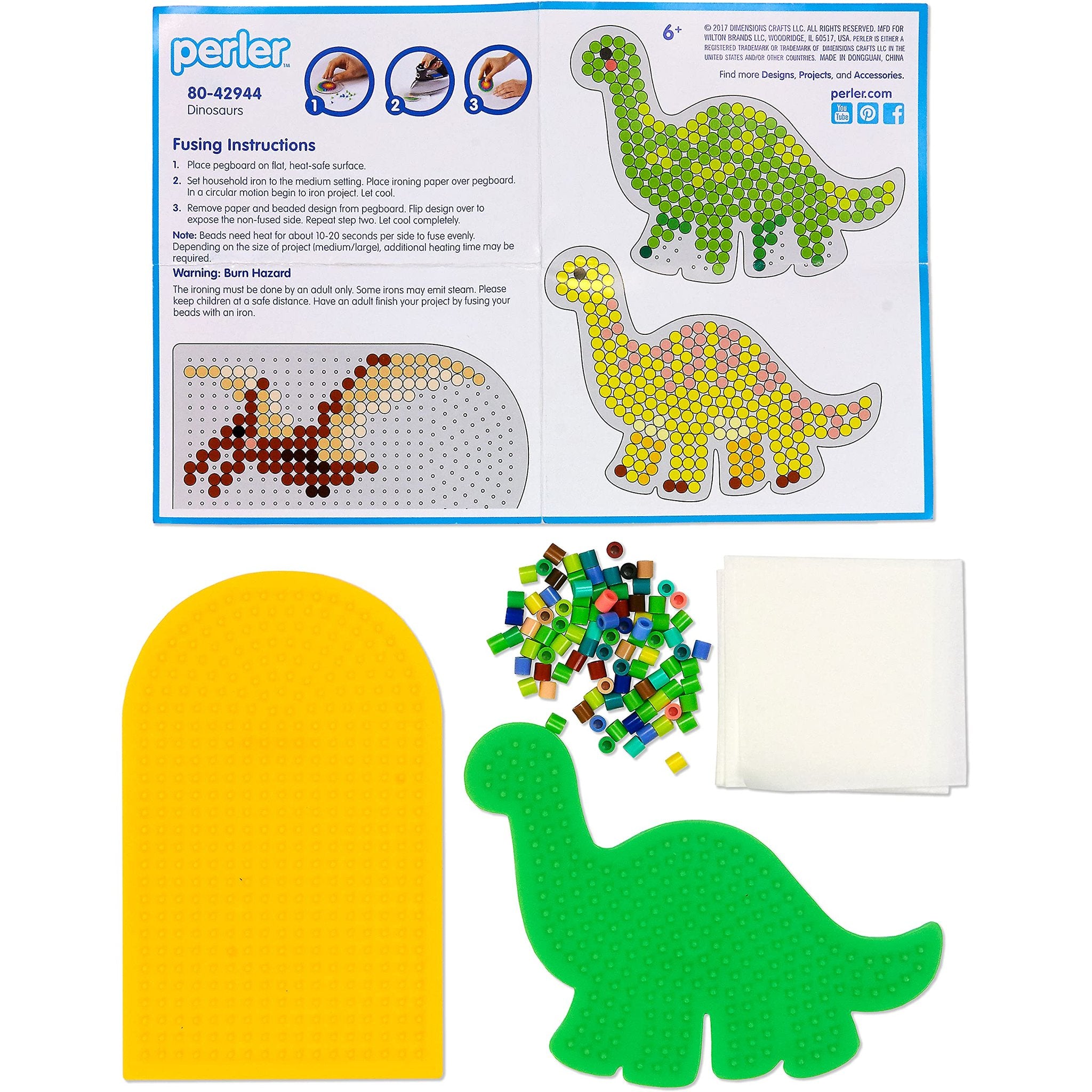 Fuse bead kit with instructions, pegboards, beads, and ironing paper. Includes two dinosaur designs.