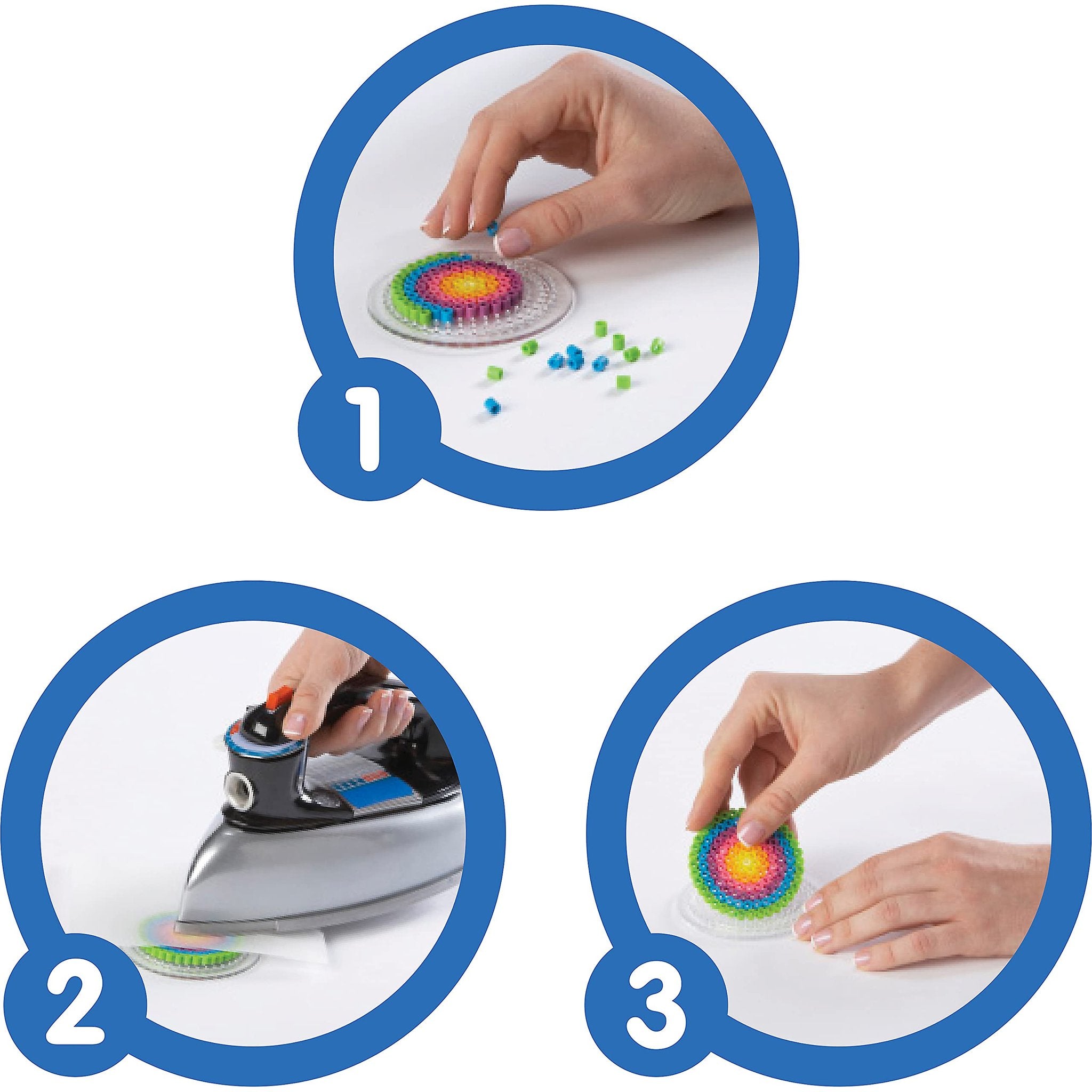 Fuse bead craft instructions: placing beads, ironing, and finished product.