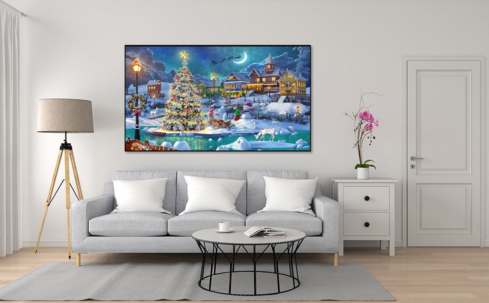 Diamond painting kit showing a snowy Christmas village scene with a decorated tree and Santa in the sky.