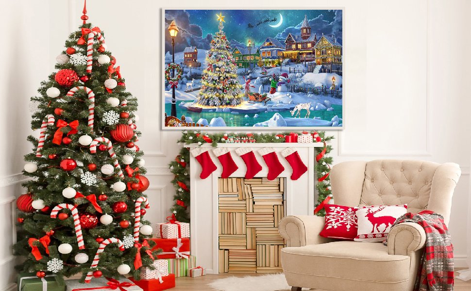 Christmas scene with decorated tree, fireplace, and armchair, featuring a diamond painting of a snowy village at night.
