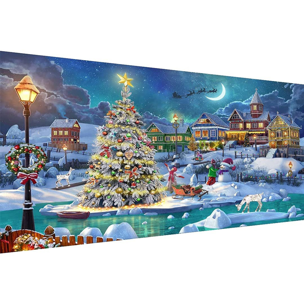Diamond painting kit showing a snowy Christmas village scene with a decorated tree, houses, snowman, and sleigh.