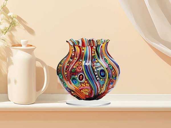 Colorful diamond painting vase tabletop ornament on a clear stand, next to a white pitcher.