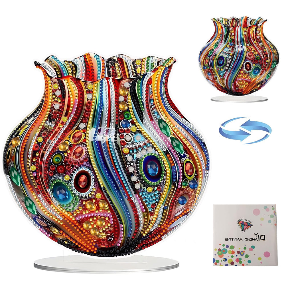 Double-sided acrylic vase diamond painting kit with colorful beads and gems, shown with a smaller example and packaging.
