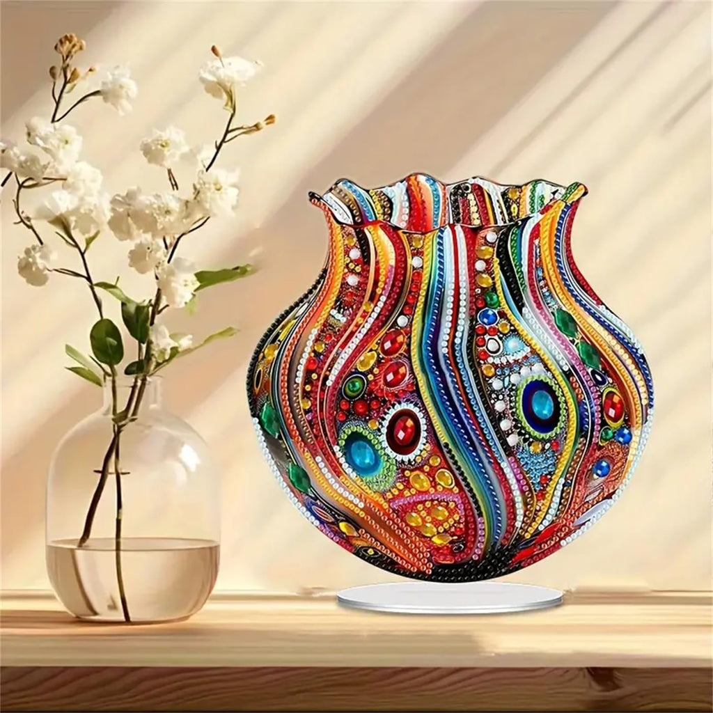 Colorful diamond painting vase ornament on a clear stand next to a glass vase with white flowers.