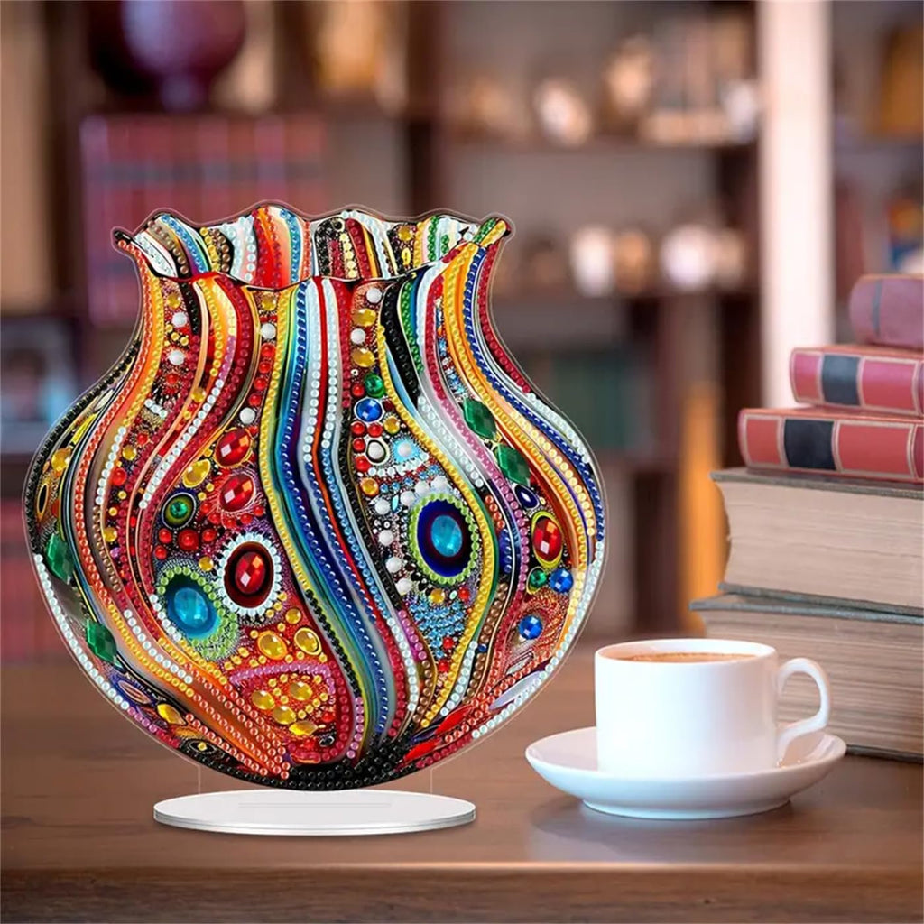 Colorful acrylic tabletop ornament painting kit vase design with coffee cup and books on a shelf