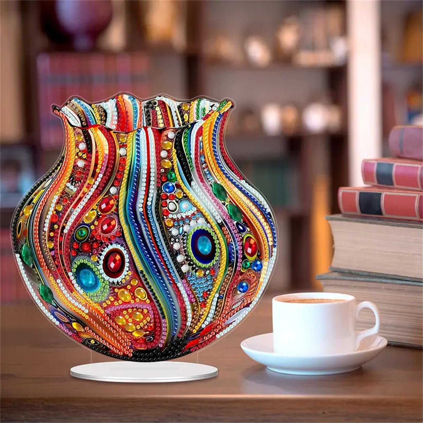 Colorful acrylic tabletop ornament painting kit vase design with coffee cup and books on a shelf