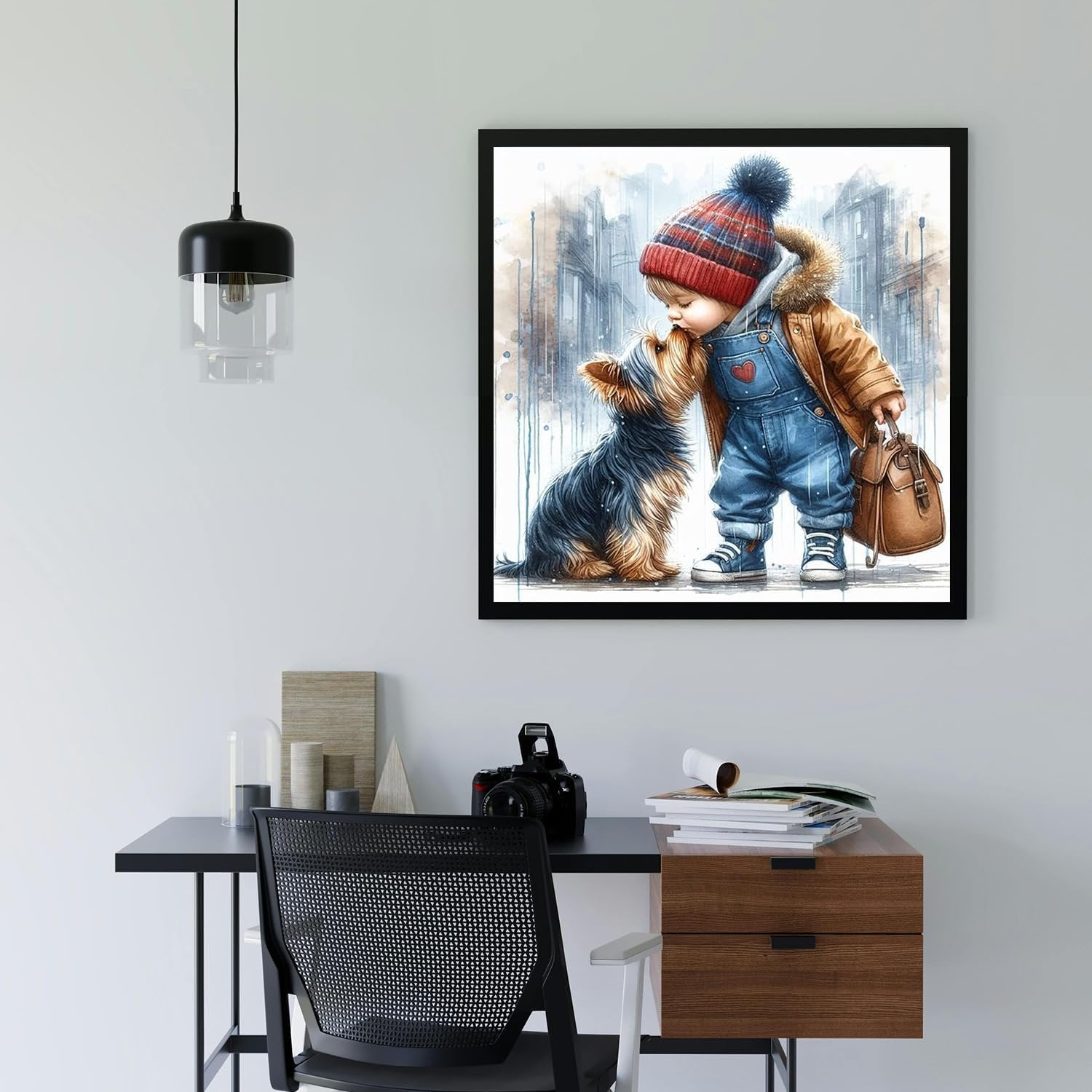 Watercolor painting of a child in overalls and a winter hat leaning down to pet a Yorkshire Terrier dog, with a city background.