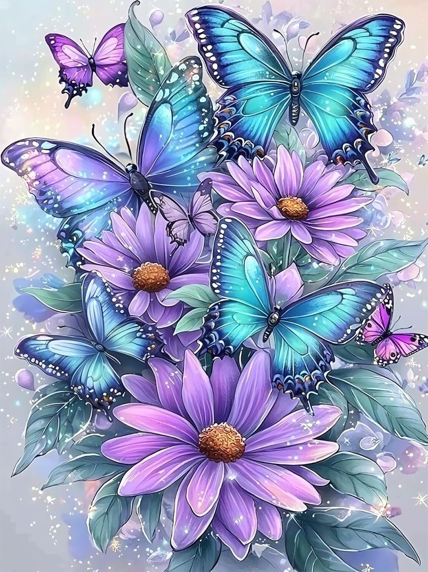 Diamond painting kit canvas featuring vibrant blue and purple butterflies on purple flowers with green leaves.