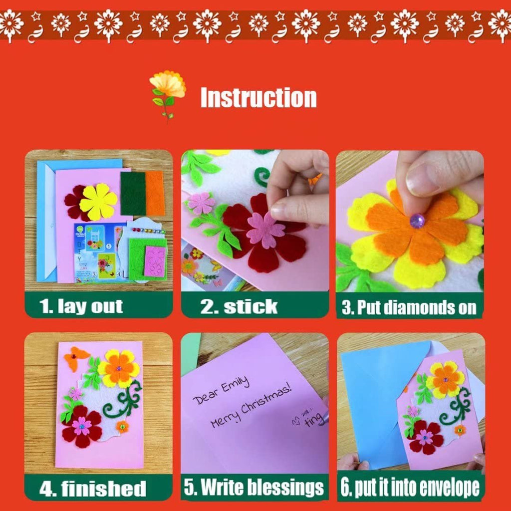 DIY card making kit instructions showing steps: layout, stick, add diamonds, finished card, write message, put in envelope.
