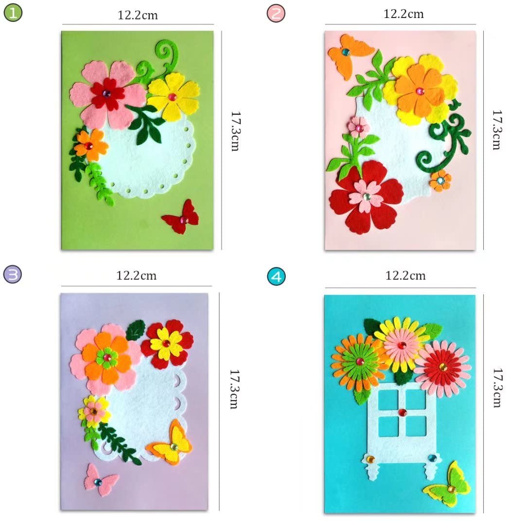 Four DIY felt card making kits with floral and butterfly designs, showing dimensions 12.2cm x 17.3cm.