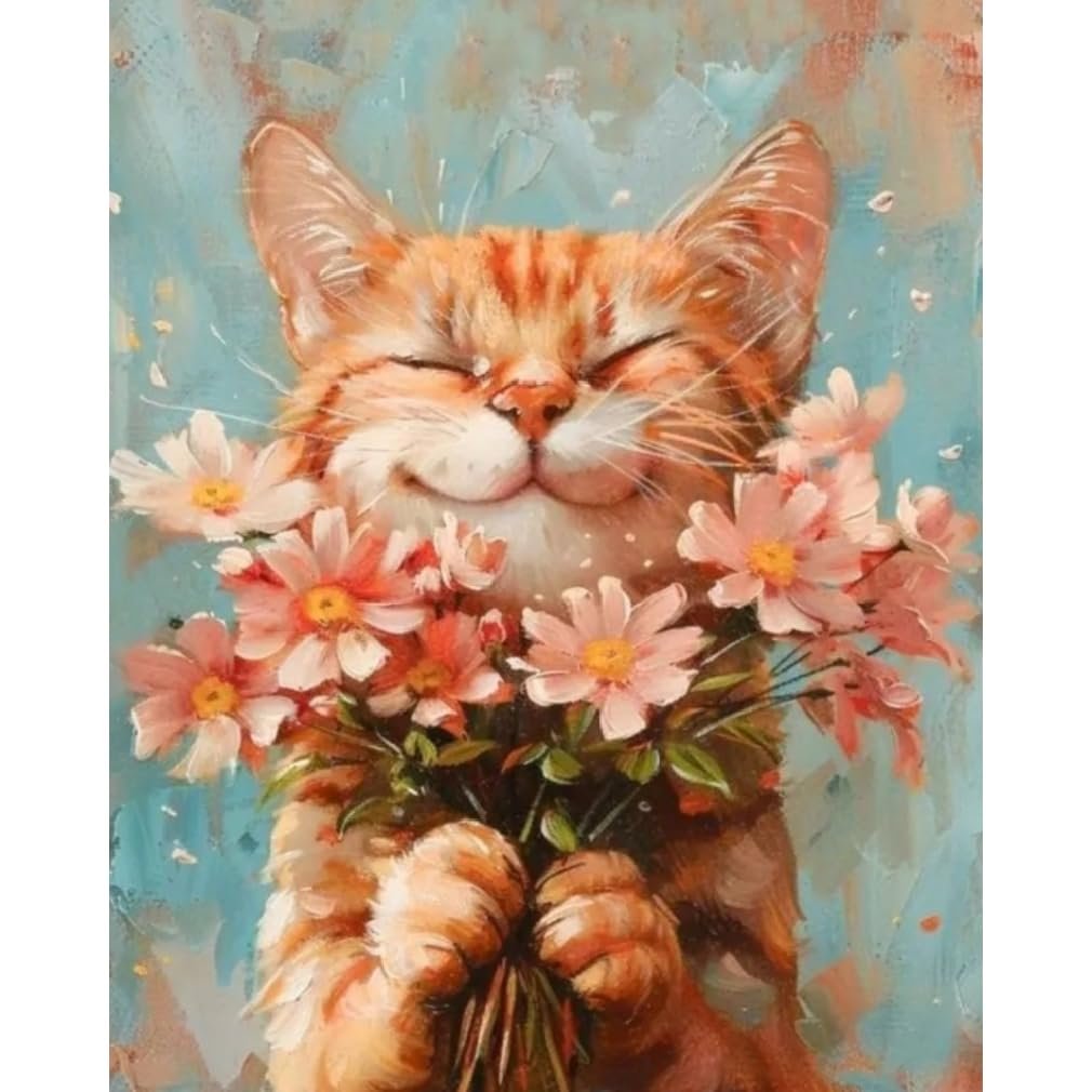 Painting of a happy orange tabby cat holding a bouquet of pink flowers against a blue background.