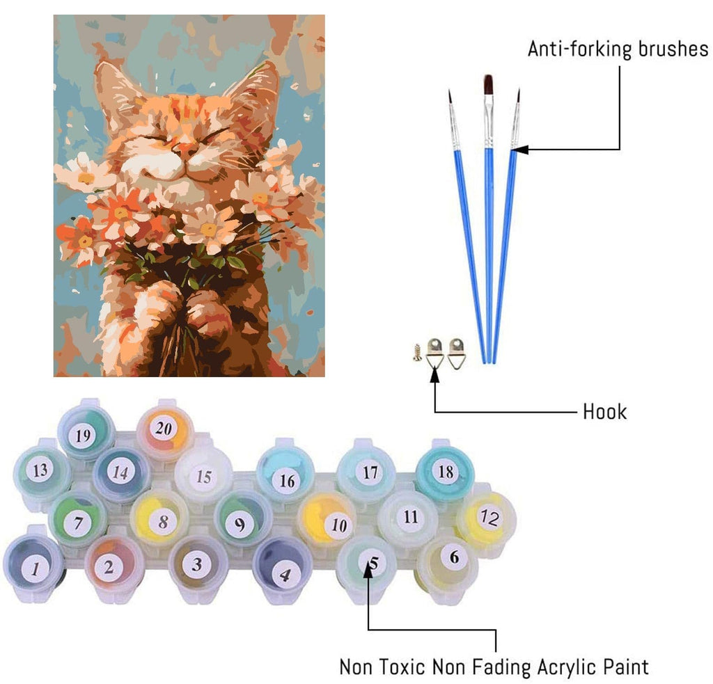 Paint by numbers kit showing a painted cat holding flowers, acrylic paint pots, and brushes with labels.