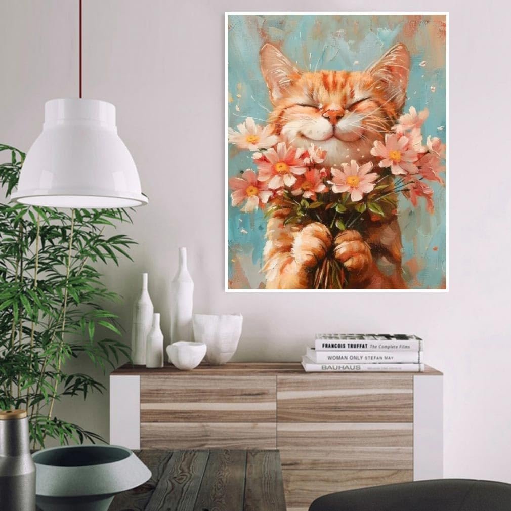 Painting of a happy orange cat holding a bouquet of pink flowers against a blue background.