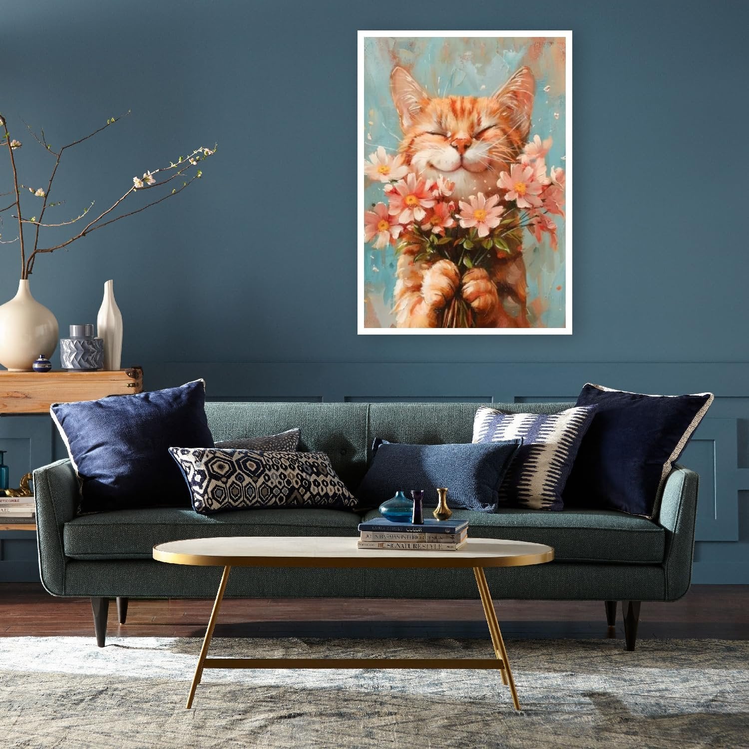Painting of a happy orange cat holding a bouquet of pink flowers, displayed on a wall above a sofa.