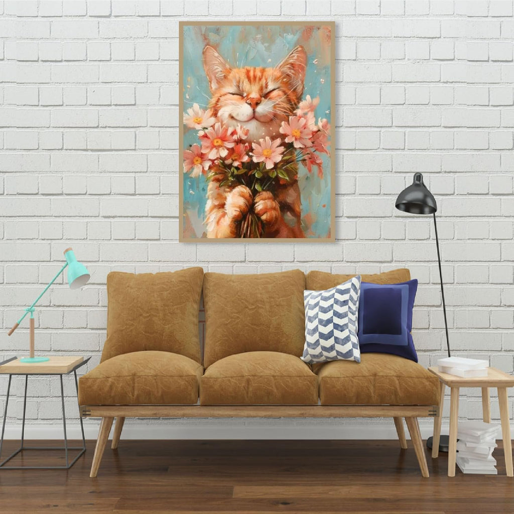 Painting of a happy cat holding a bouquet of pink flowers, displayed on a white brick wall above a sofa.