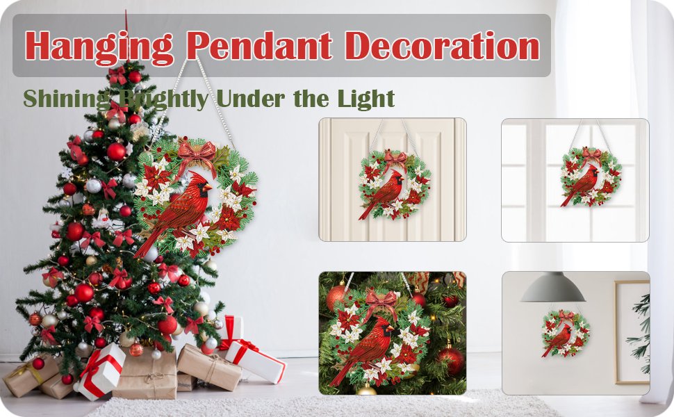 Cardinal bird diamond art hanging pendant decoration shown on a Christmas tree and in various home settings.