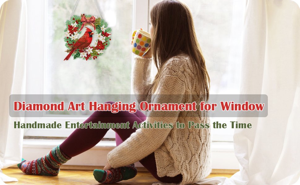 Woman drinking from mug near window with cardinal bird diamond art hanging ornament