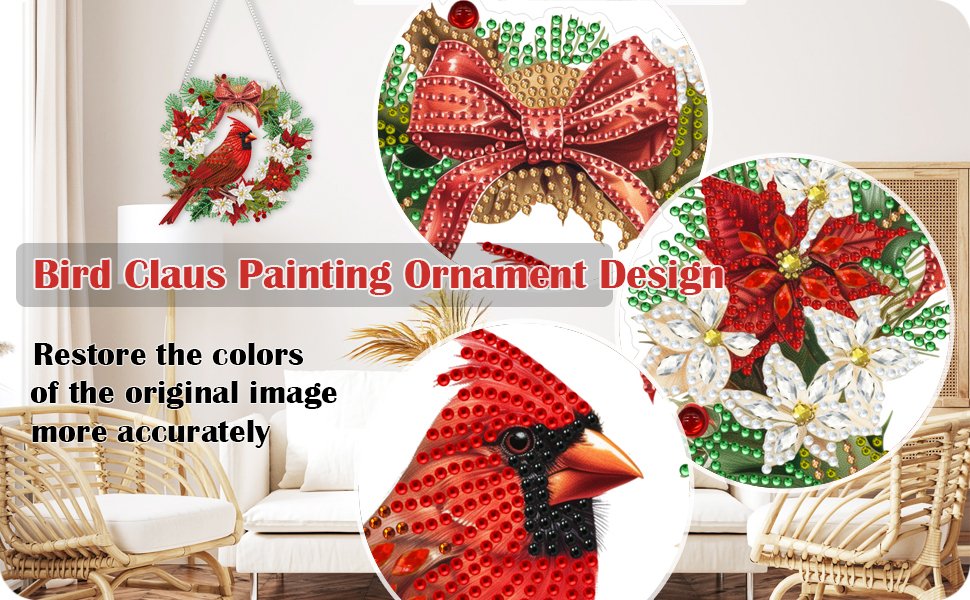 Diamond art cardinal bird wreath and close-ups of cardinal bird and floral designs
