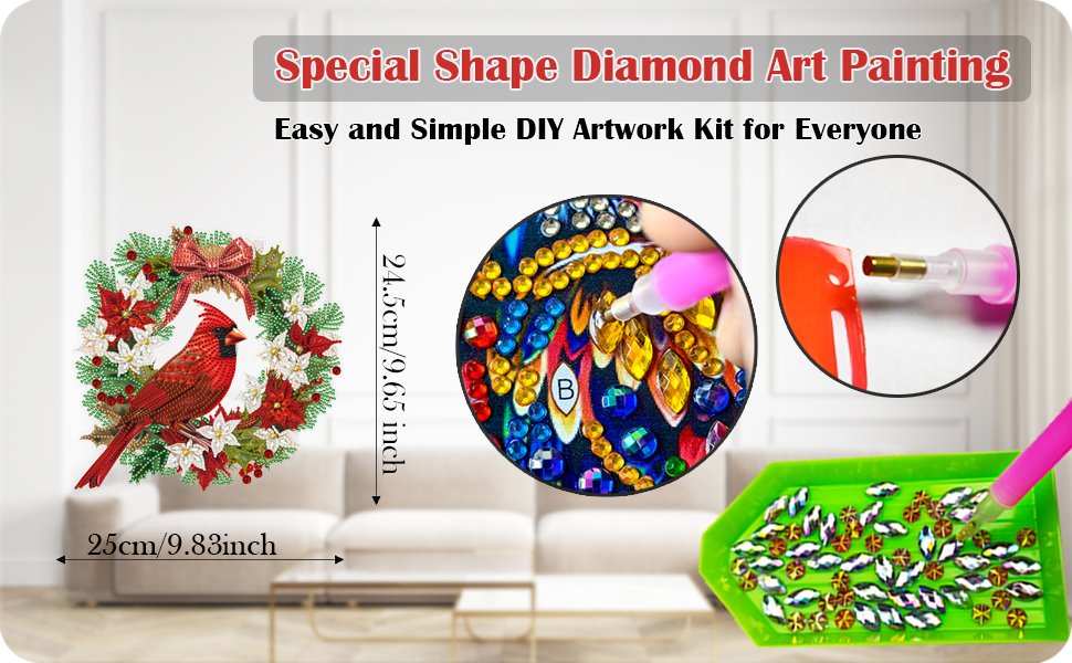 Diamond art painting kit showing a cardinal bird wreath, close-up of diamond application, and tools with gems.