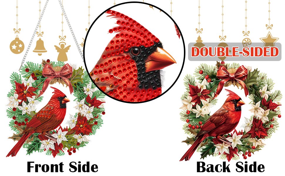 Diamond art cardinal bird wreath ornament front and back sides with close-up of bird's head