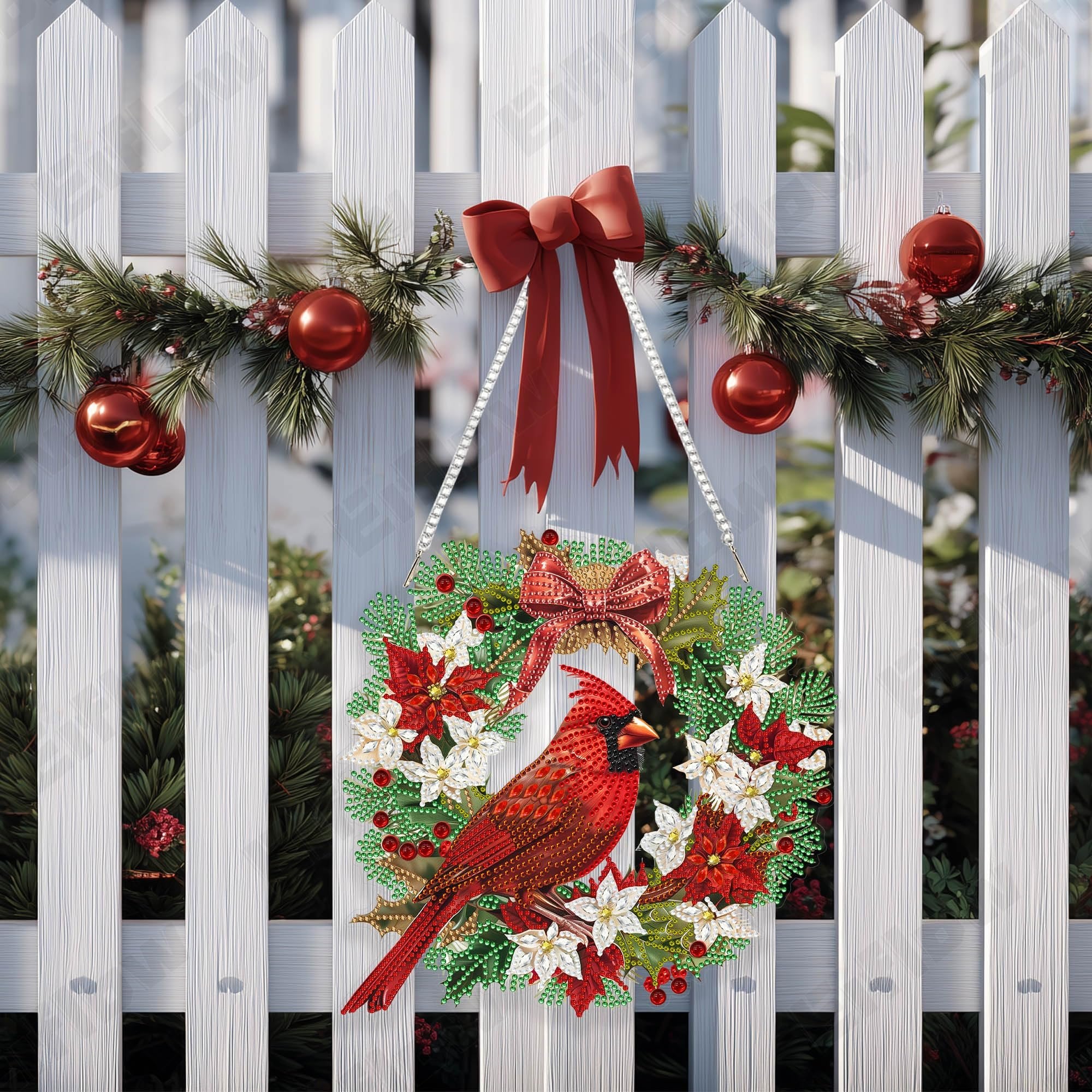 Diamond art cardinal bird wreath hanging on a white picket fence with pine garland and red ornaments