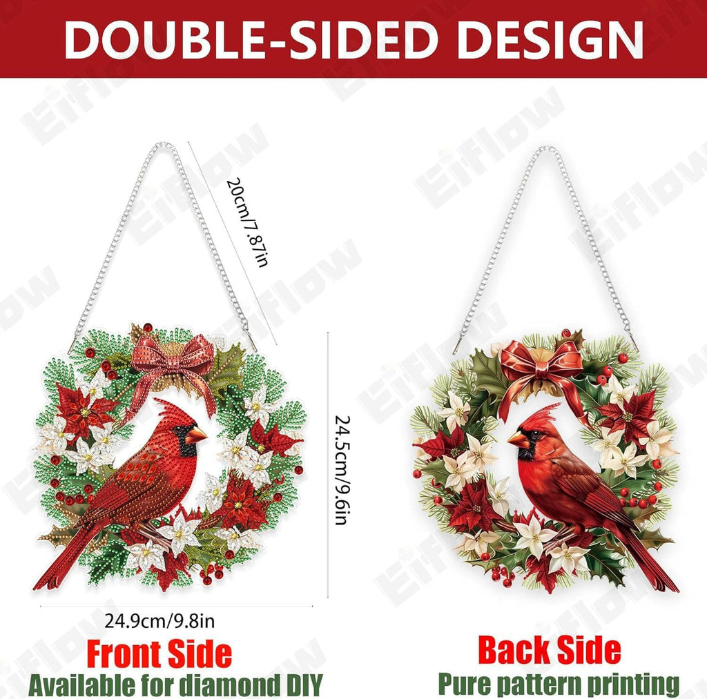 Double-sided cardinal bird Christmas ornament kit shown with dimensions and front/back side labels.