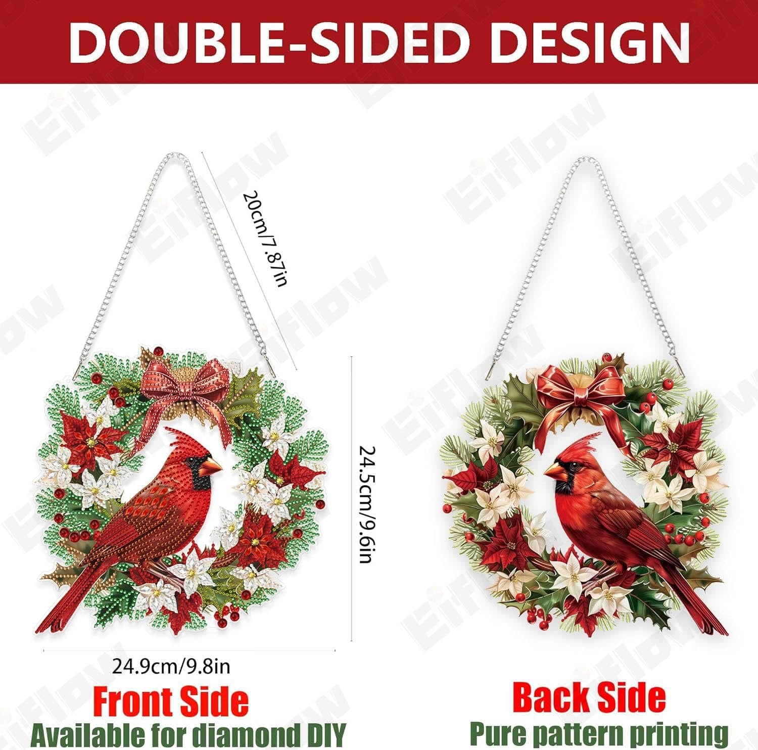 Double-sided cardinal bird Christmas ornament kit shown with dimensions and front/back side labels.
