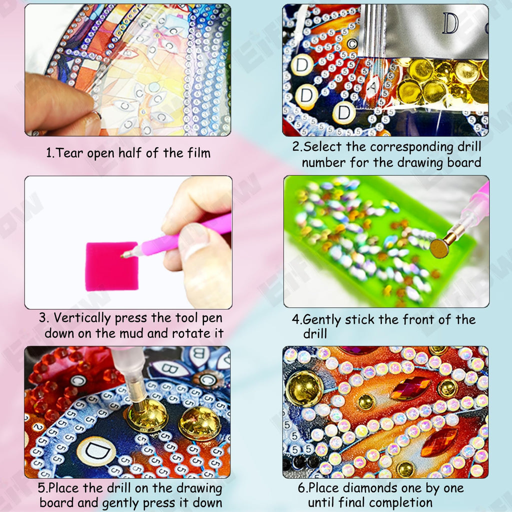 Diamond art kit instructions showing 6 steps: tearing film, selecting drills, using tool pen, sticking drills, placing drills, and completing diamonds.