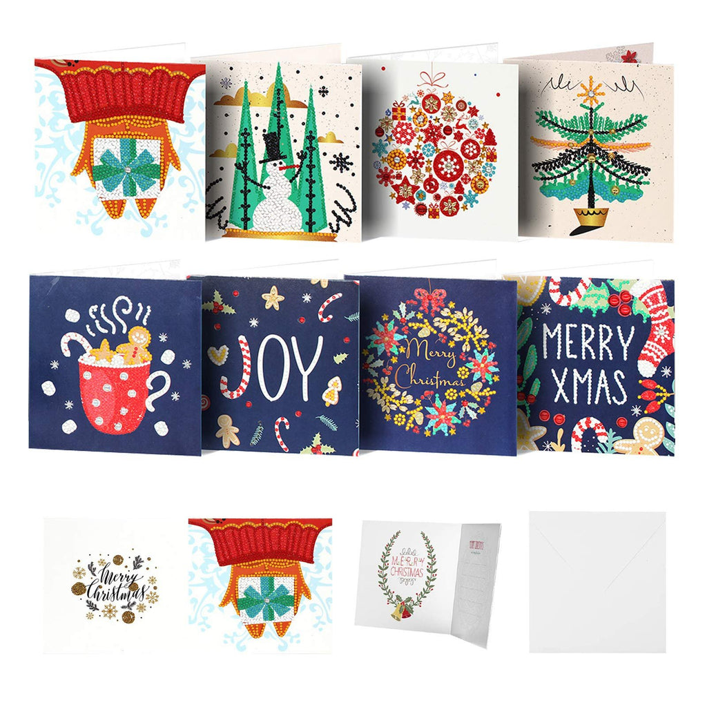 Collage of diamond painting Christmas cards and envelopes, featuring festive designs like snowmen, ornaments, and holiday greetings.
