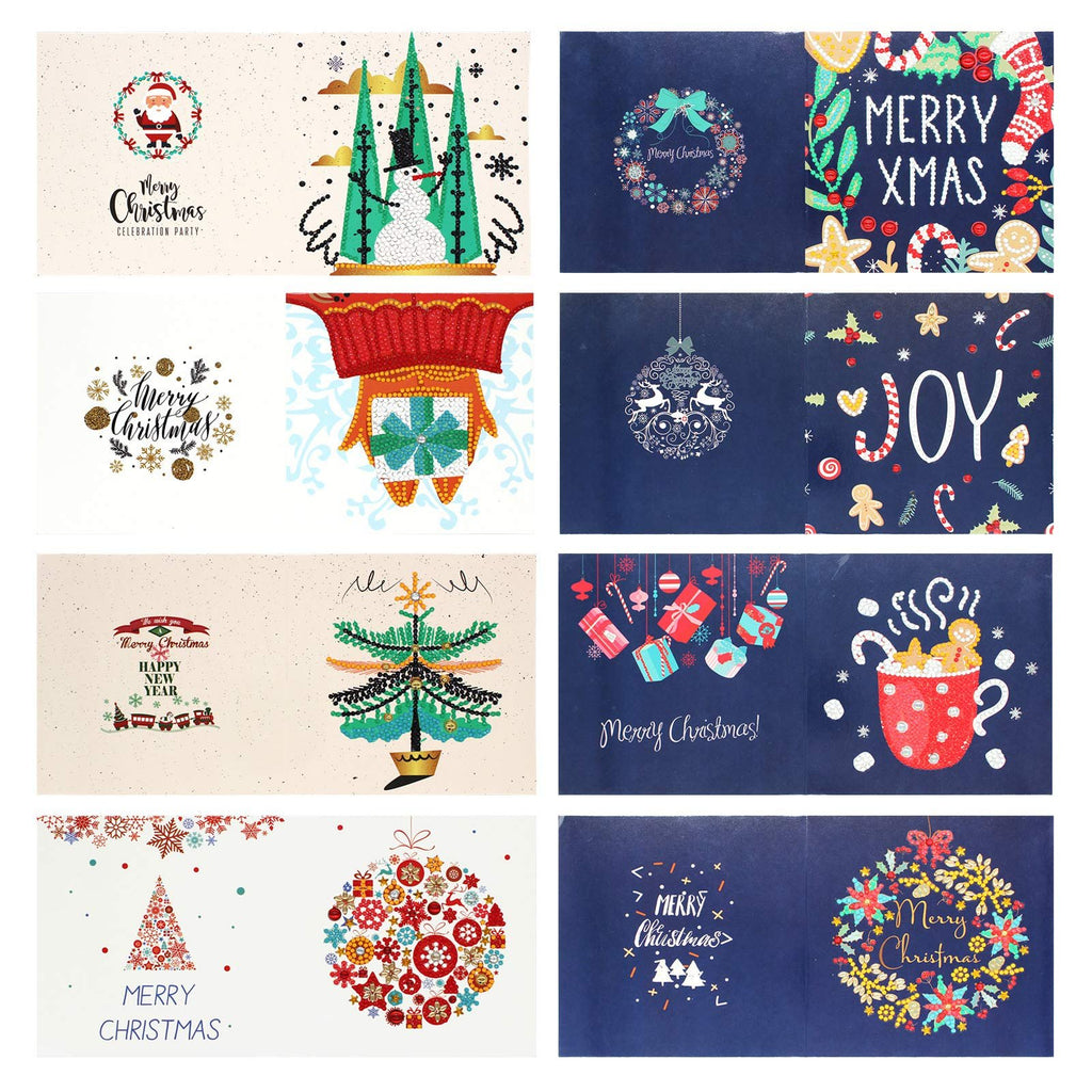 Collage of eight diamond painting Christmas cards featuring festive designs like Santa, snowmen, trees, ornaments, and holiday greetings.