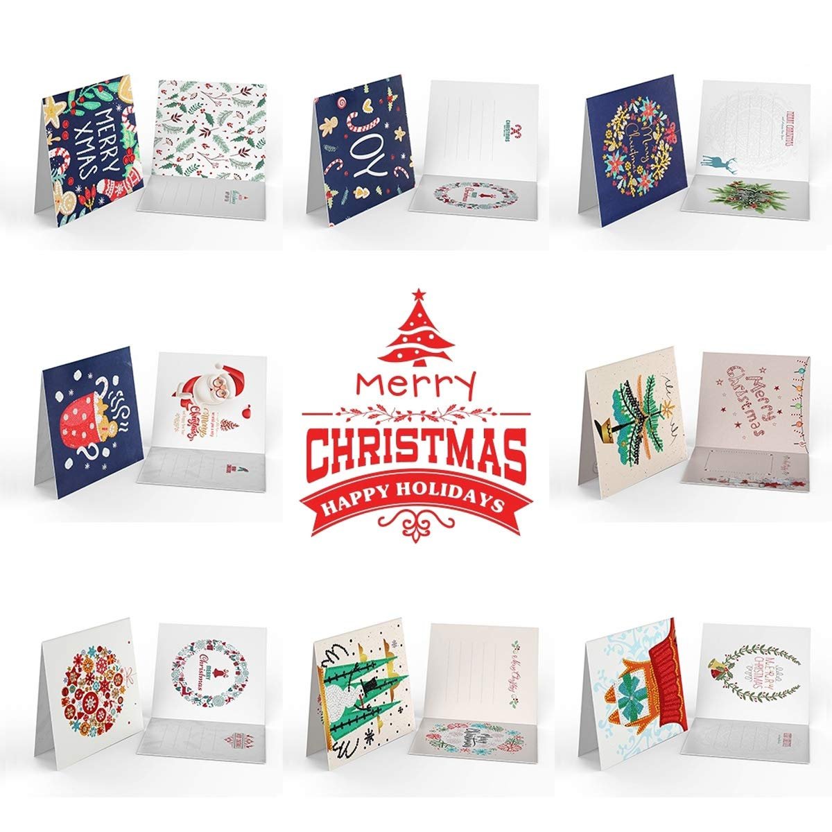 Collage of diamond painting Christmas cards and a central Merry Christmas graphic