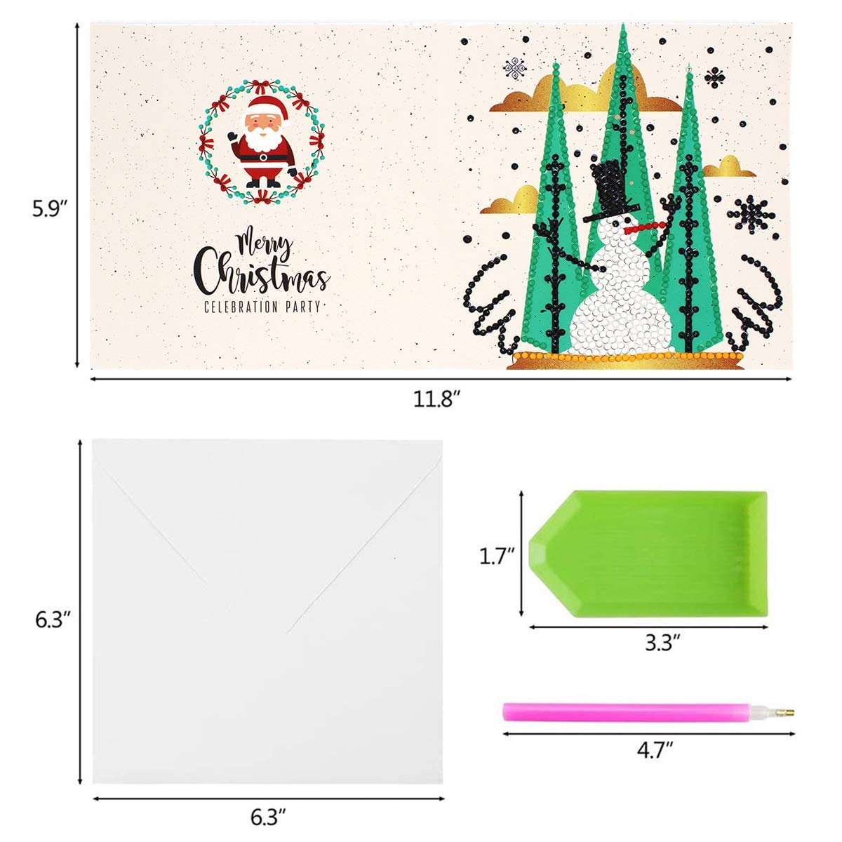 Diamond painting Christmas card kit contents including a card, envelope, tray, and pen, with dimensions shown.