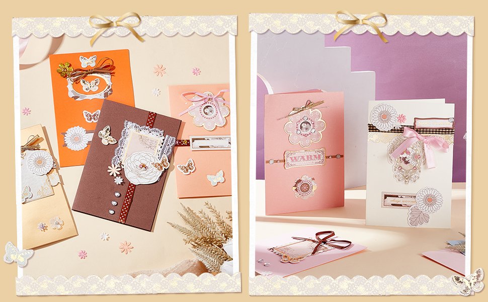 Assortment of handmade greeting cards and envelopes decorated with butterflies, flowers, and ribbons.