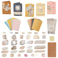 DIY envelope and card making kit contents including paper, stickers, and decorative materials.