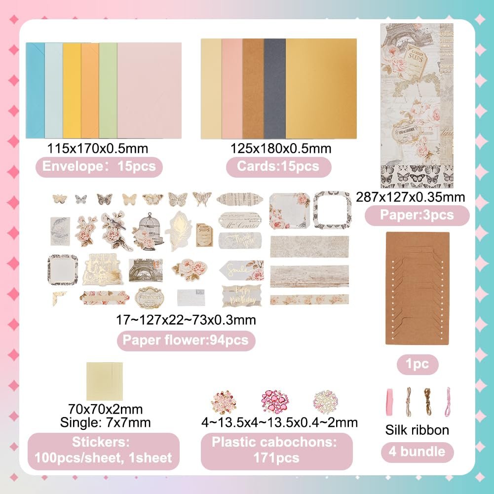 DIY envelope and card making kit contents including envelopes, cards, decorative paper, stickers, flowers, cabochons, and silk ribbon.
