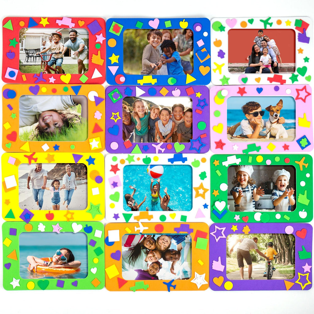 Collage of nine colorful foam picture frames decorated with various shapes, each holding a different family or child photo.