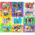 Collage of nine colorful foam picture frames decorated with various shapes, each holding a different family or child photo.