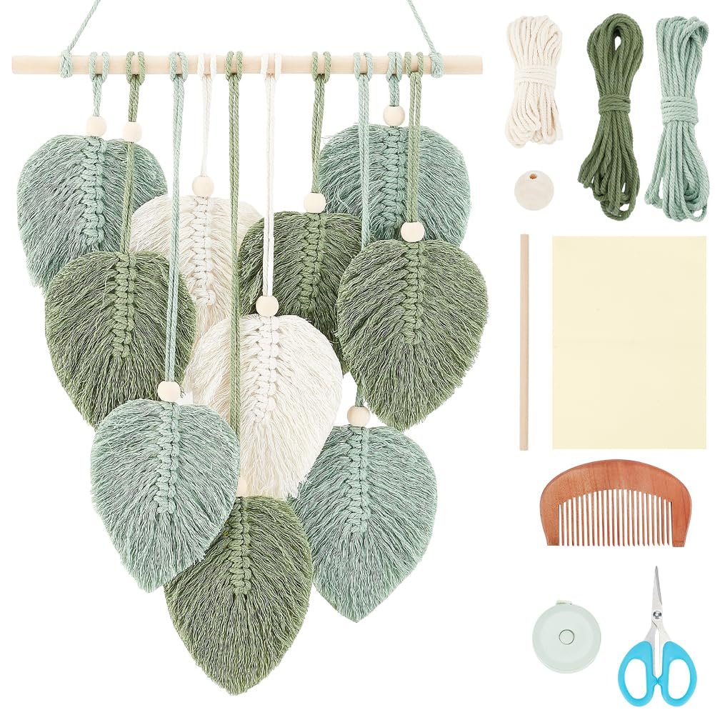 DIY Macrame Leaf Wall Hanging Kit with cotton rope, wooden beads, wooden stick, comb, scissors, and measuring tape.