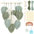 DIY Macrame Leaf Wall Hanging Kit with cotton rope, wooden beads, wooden stick, comb, scissors, and measuring tape.