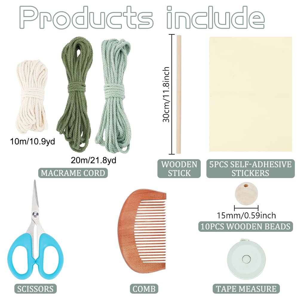 Macrame leaf wall hanging kit contents including cotton rope, wooden stick, beads, scissors, comb, and tape measure.
