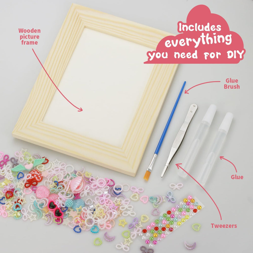 DIY mosaic picture frame craft kit contents including wooden frame, glue, brush, tweezers, and assorted decorative gems.