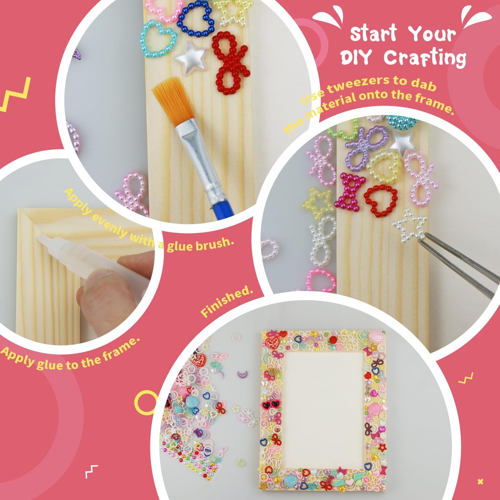 DIY mosaic picture frame craft kit showing steps: applying glue, using a brush, dabbing material with tweezers, and the finished decorated frame.
