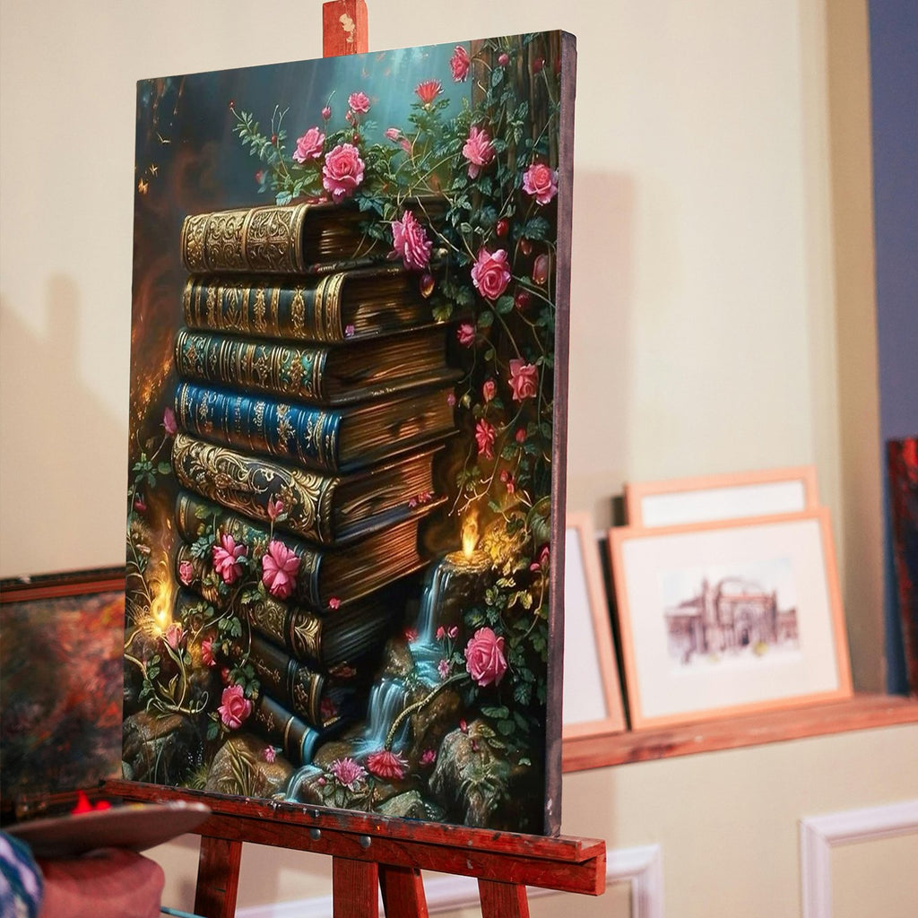 Paint by numbers canvas showing a stack of antique books with roses and a waterfall