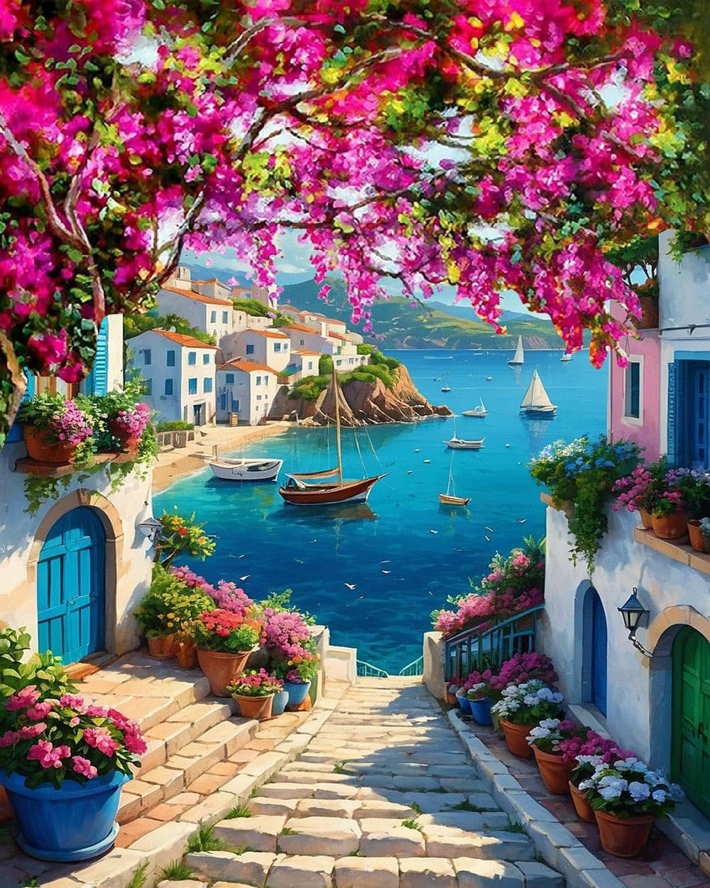 Paint by numbers canvas depicting a Mediterranean village with boats on the water and vibrant flowers overhead.