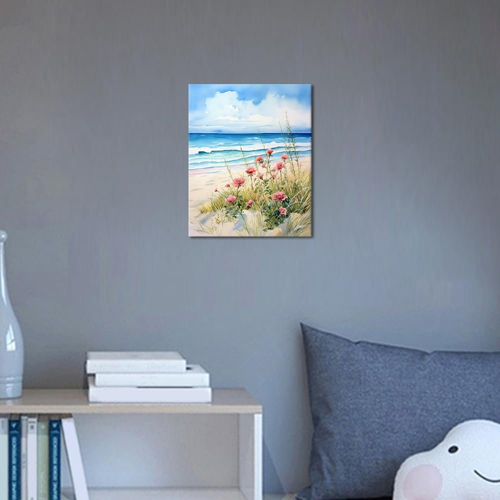 Paint by numbers canvas showing a beach scene with pink flowers and ocean waves