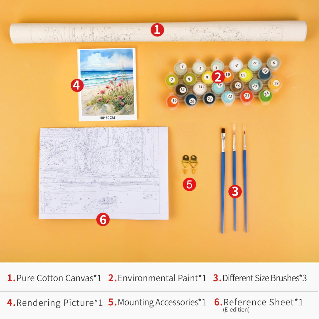 Paint by numbers kit contents laid out: rolled canvas, reference image, numbered paint pots, brushes, and mounting hardware.